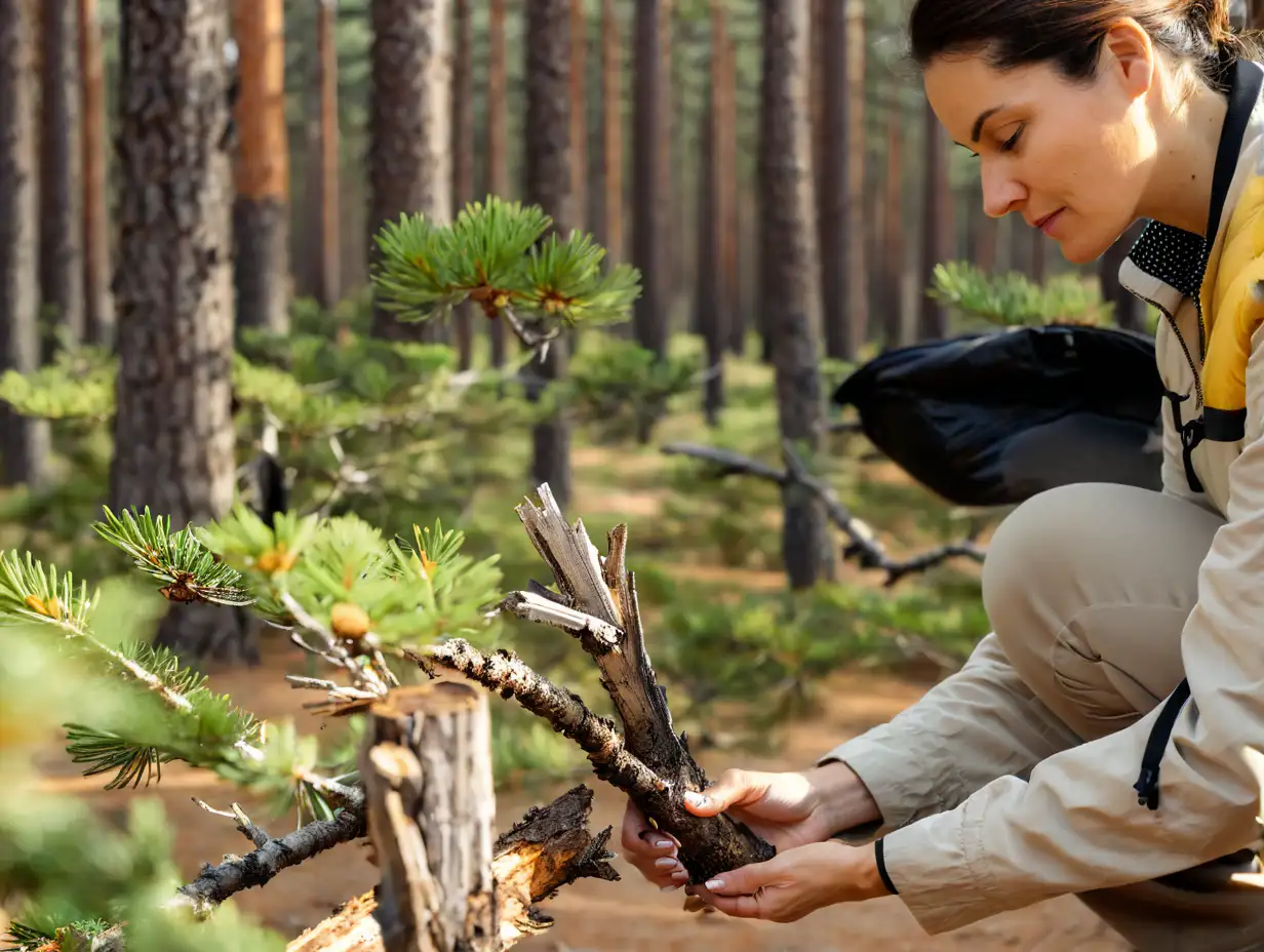 Woman Exploring Old Rotten Tree in Pine Forest