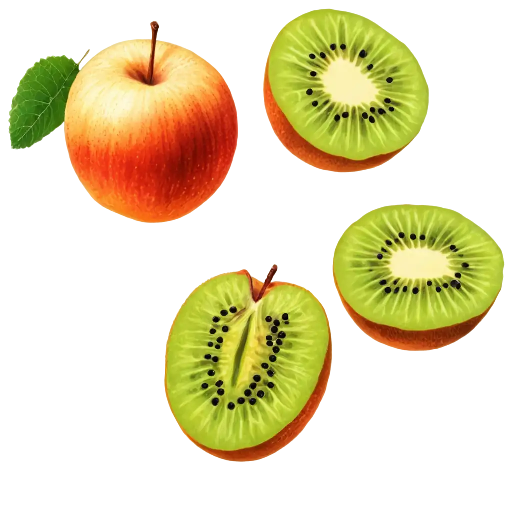 Set of different fruits Apples, kiwi and pear isolated on transparent background