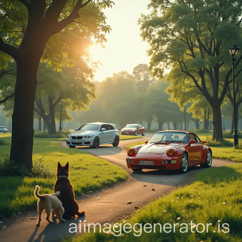 Park-with-Dogs-Playing-and-Luxury-Sports-Cars-Parked