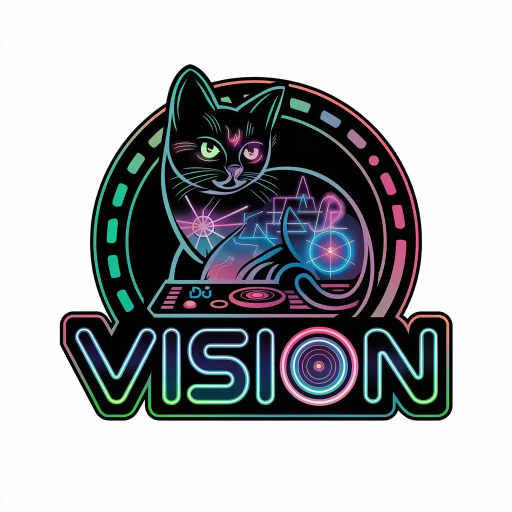 LOGO Design for VISION Mother Cat Psychedelic Woman with Neon SciFi DJ Music Theme