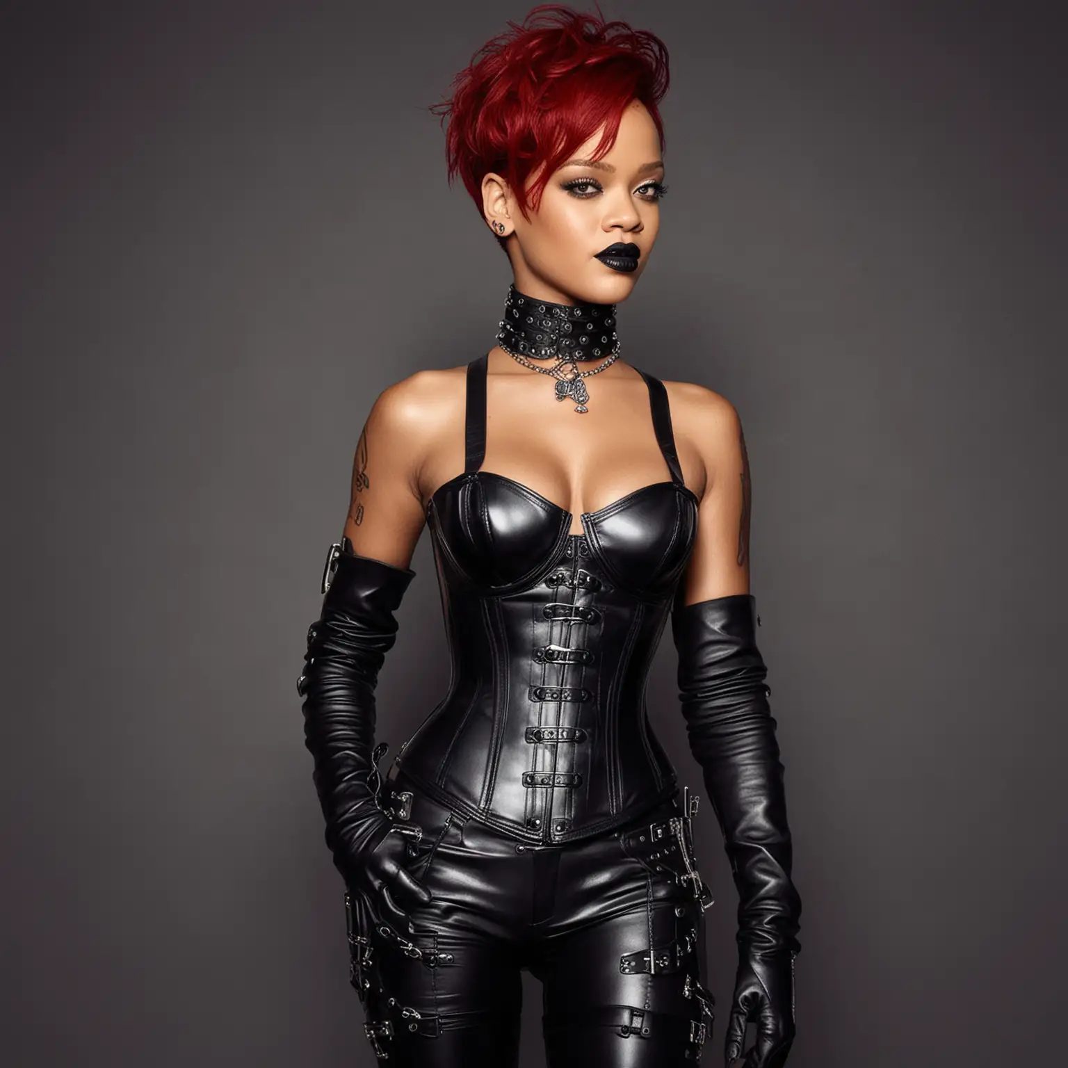 Rihanna-in-Tight-Buckled-Leather-Corset-and-Gloves-with-Red-Hair