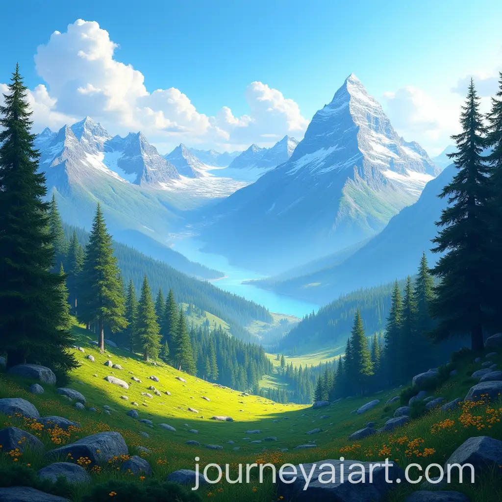 Tranquil-Alpine-Mountain-Landscape-with-Lush-Forests-and-Vast-Valleys