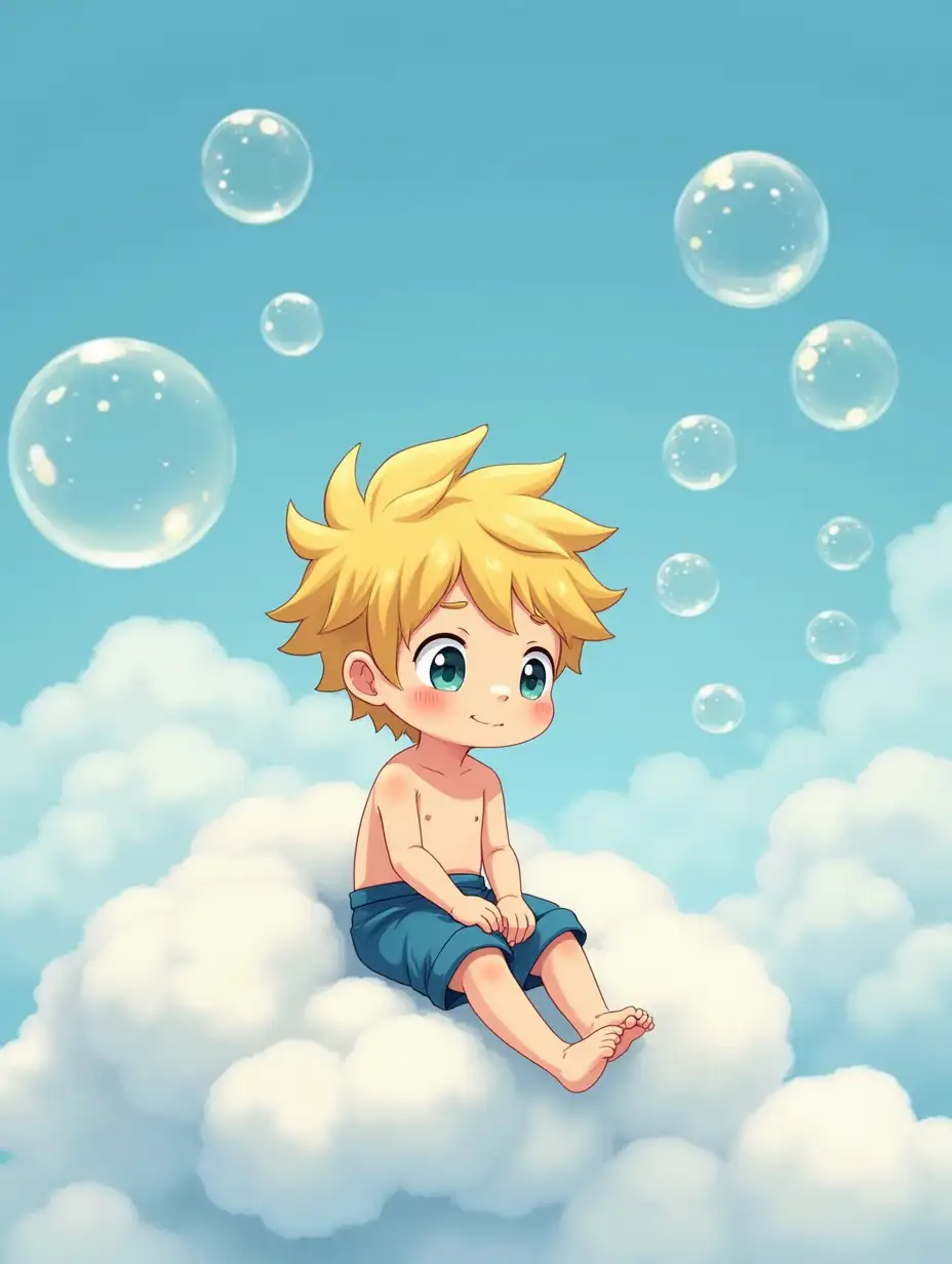 a boy with yellow hair and in short blue pants sits on a Japanese cloud and blows soap bubbles