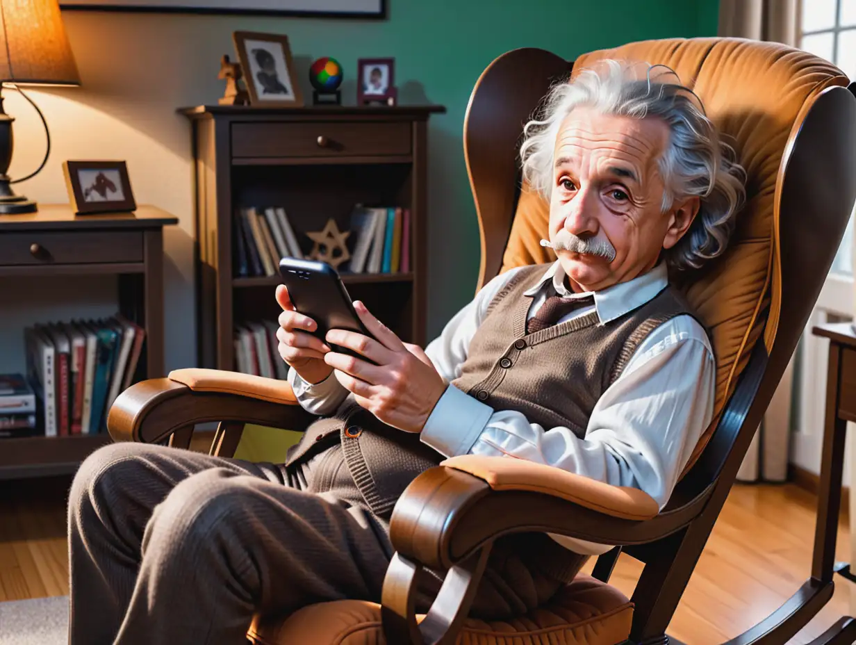 Albert Einstein sits in a rocking chair and is busy playing games with a smartphone in his hand.