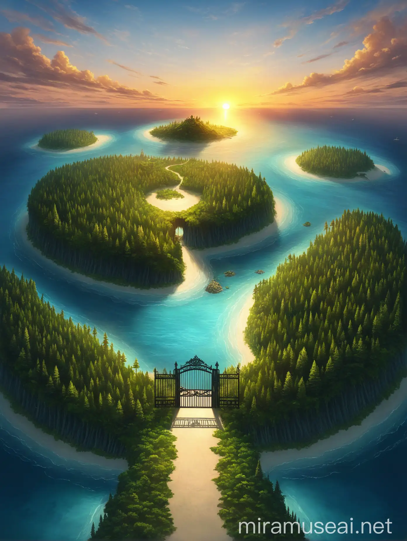 Sunrise Over Island Forest with Path and Gate