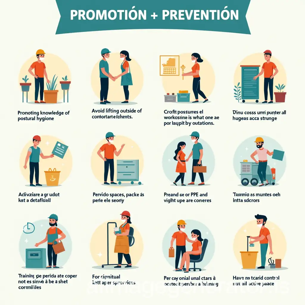 create an image of promotion and prevention that includes: Promoting knowledge of postural hygiene. Avoid lifting objects outside of comfortable angles and established weight, perform work-appropriate postures. Raise awareness about healthy lifestyle habits. Provide spaces for breaks and create healthy strategies for your workers. Training on proper use of PPE and understanding what can happen if not used properly. Use of PPE Education to the worker. Put into practice what you have learned, perform active pauses. Provide primary health care. Have medical control over your workers. And motivational phrases that encourage health care, in Spanish please and with bright colors like the first image in espal (Latin American) style, in Spanish
