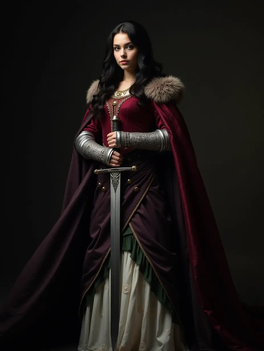 A young woman, Regal noble warrior, long wavy black hair, piercing gaze, confident stance, slight head tilt, looking forward.  Deep red inner gown, delicate embroidery, dark purple cloak, gold trim, fur-lined shoulders, medieval-inspired outfit.  Ornate silver gauntlets, intricate engravings, reinforced shoulder guards, finely crafted Long sword, partially drawn, air of authority.  Layered skirt, semi-transparent white fabric, embroidered details, elegant green hem, small golden ornaments.  Heeled armored boots, functional aristocratic style.  Dramatic lighting, soft directional shadows, rich fabric and metal textures.  Minimalistic background, subtle medieval gothic elements, atmospheric setting. IMG-7587.JPG