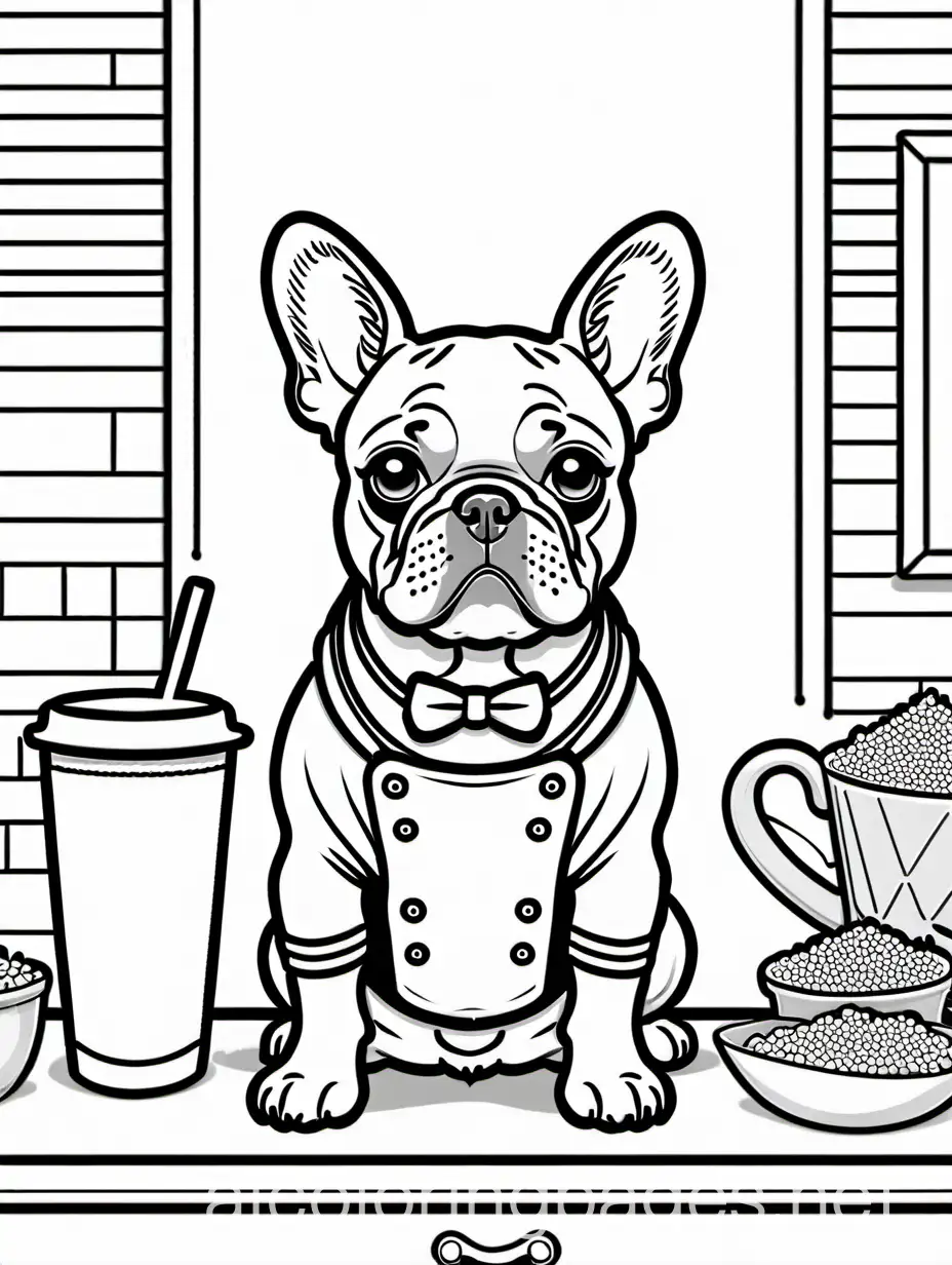 black and white coloring book page, French Bulldog puppy dressed as a barista, line drawing, white background with ample white space for creativity., Coloring Page, black and white, line art, white background, Simplicity, Ample White Space. The background of the coloring page is plain white to make it easy for young children to color within the lines. The outlines of all the subjects are easy to distinguish, making it simple for kids to color without too much difficulty