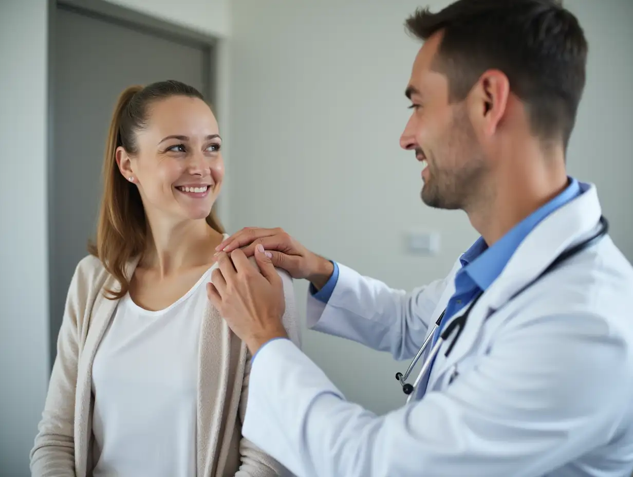 Female doctor holding shoulder of male patient closeup