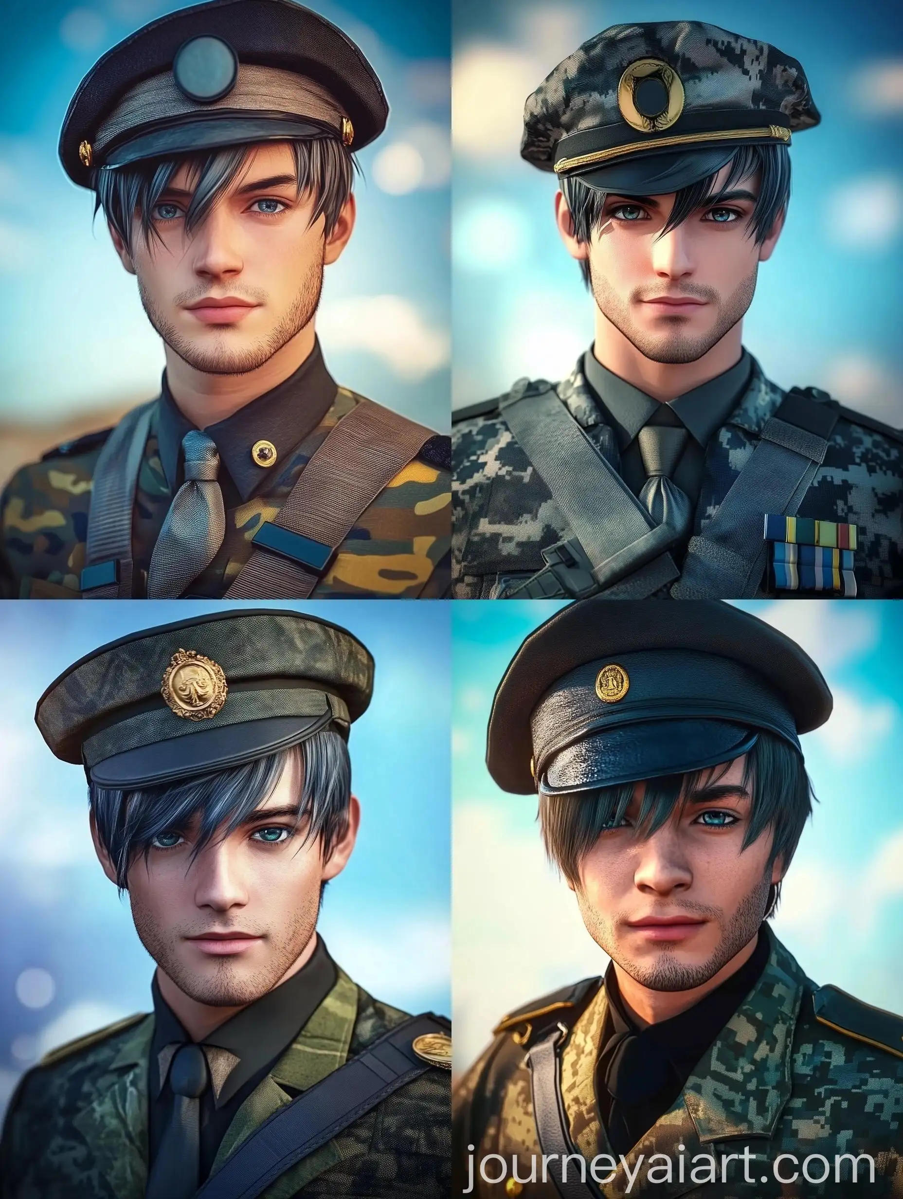 Serious-Military-Portrait-Against-Blue-Sky-Background