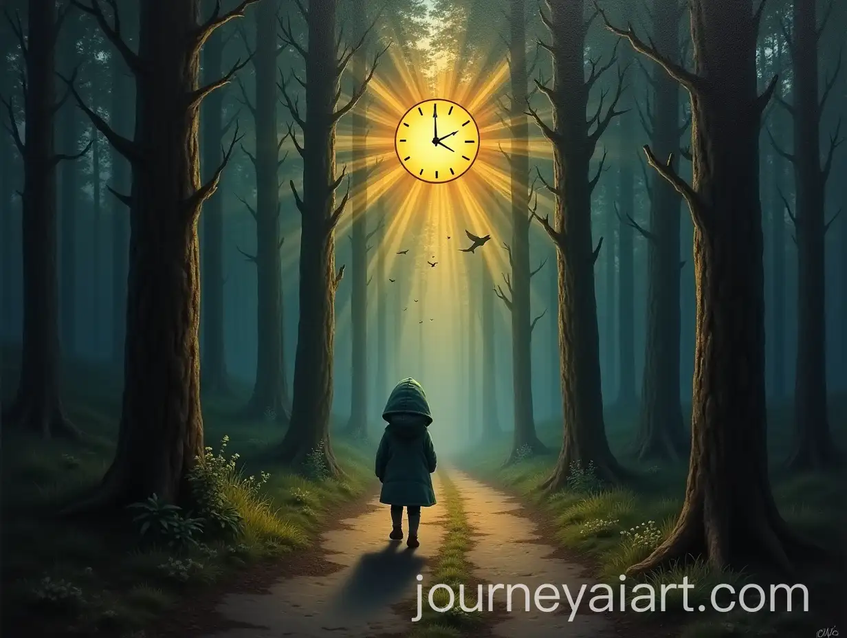 Child-in-Hood-Walking-on-Road-in-Forest-with-Ghostly-Apparitions-and-Golden-Clock