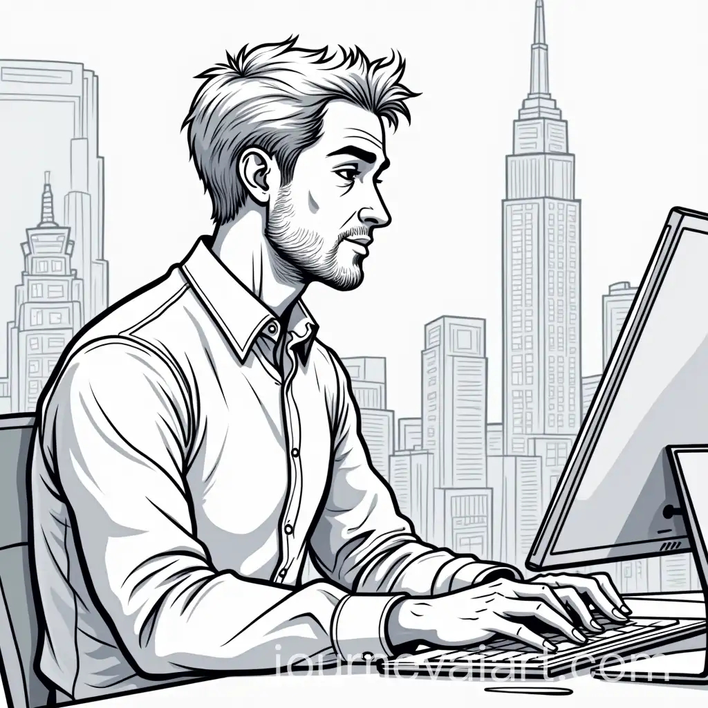 Trader-Distracted-from-Screen-in-Line-Art-Illustration