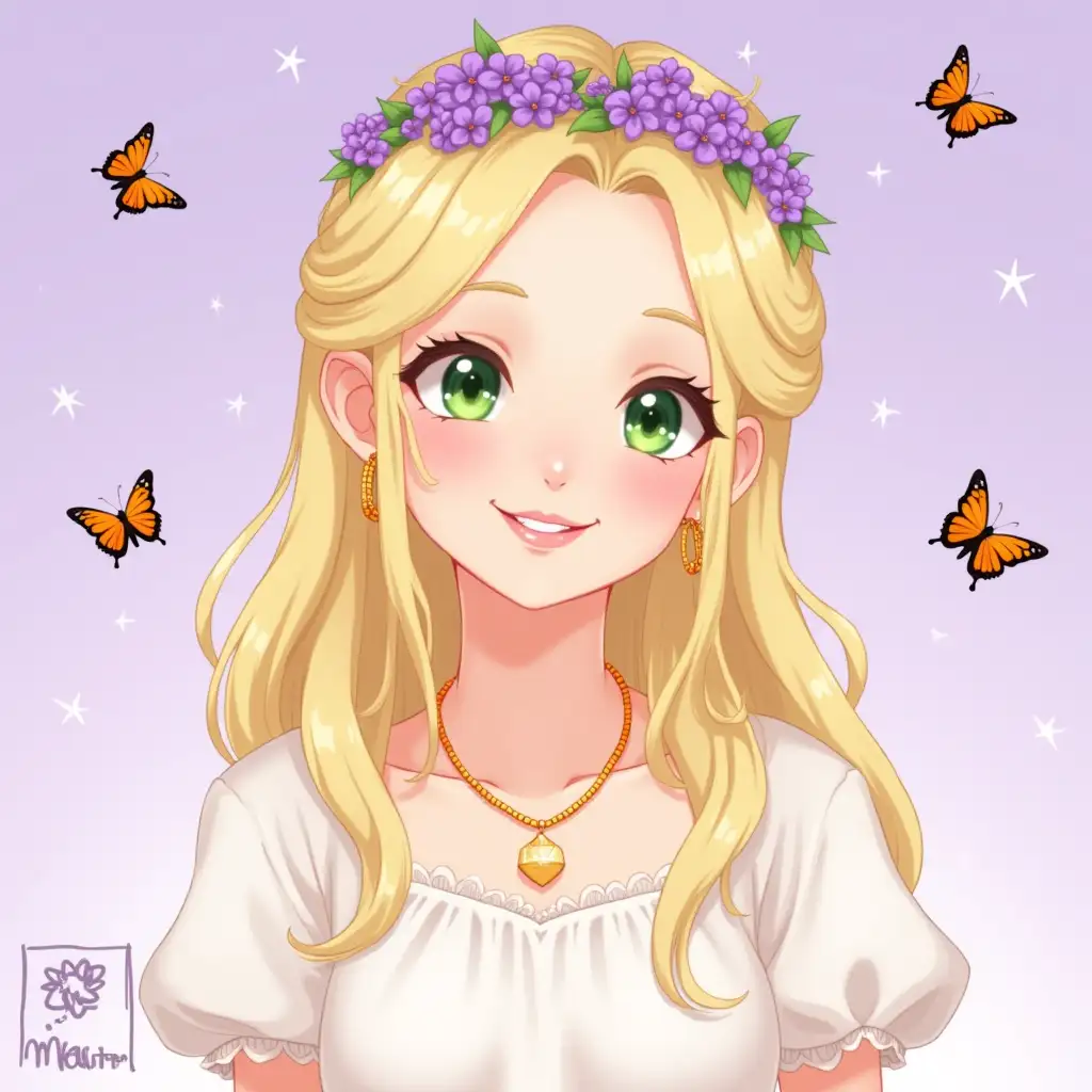 The image is a digital illustration of a young girl with long blonde hair and green eyes. She is wearing a white dress with a gold necklace and earrings. Her hair is styled in a half-up, half-down braid and she has a crown of purple flowers on her head. The background is a soft purple color with small white stars scattered throughout. There are also several orange and black butterflies flying around the girl, adding a pop of color to the image. The overall mood of the image is magical and whimsical.