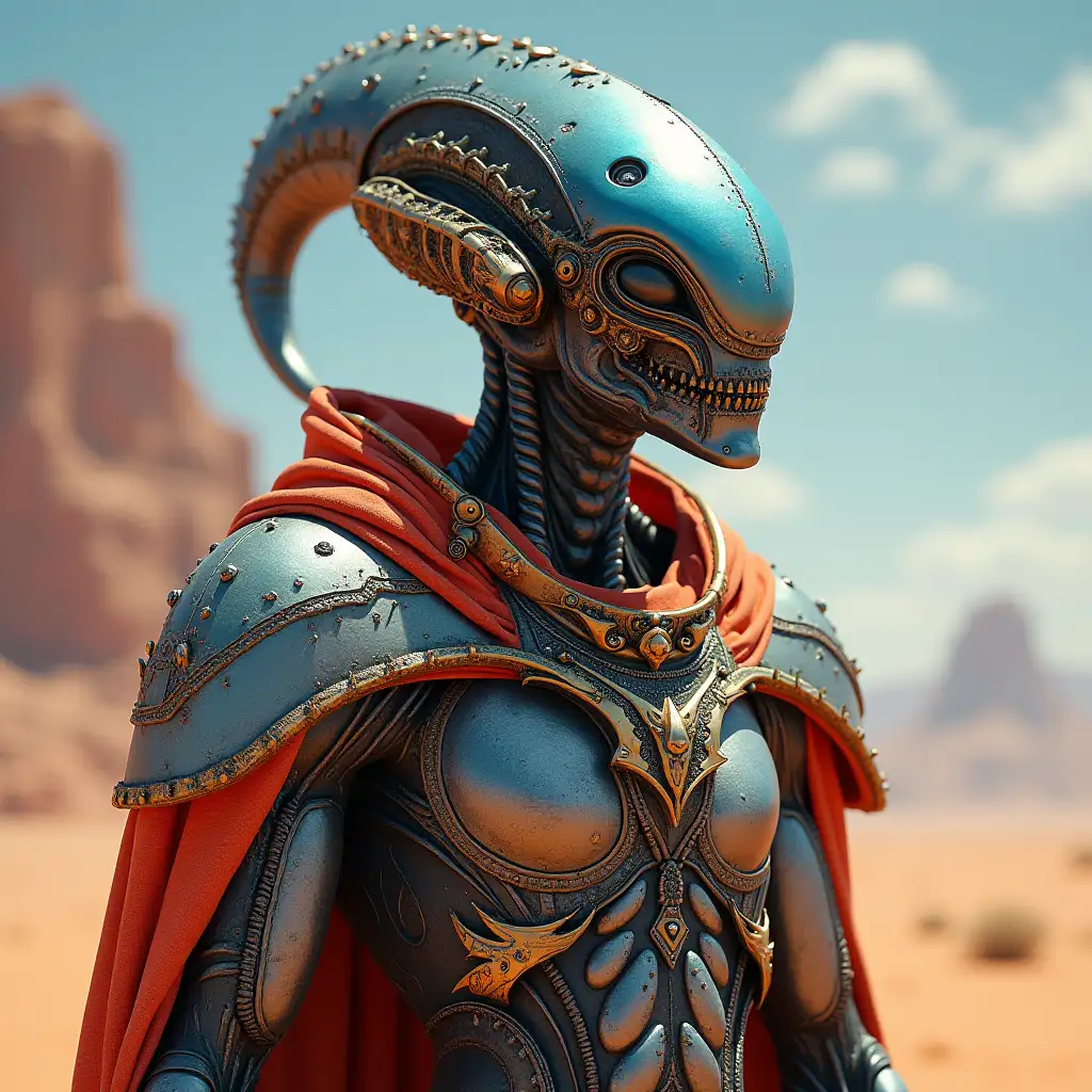 Hyperrealistic portrait of a gpanzerter metal alien king 10 meters tall with the elaborately detailed, colorful desert planet background