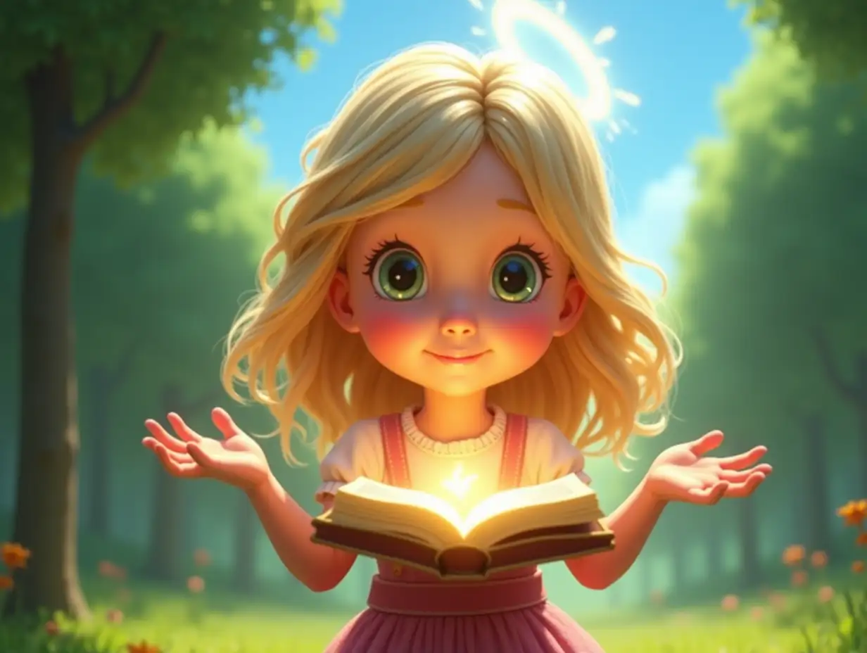 A two-year-old girl. Blondina. Arms outstretched in front of her. Palms open. On the girl's palms lies a small book, surrounded by soft light and a halo of glowing. An atmosphere of magic, with soft light around, creating a fairy tale mood. In the background - a bright green forest and clear blue sky. Pixar style.