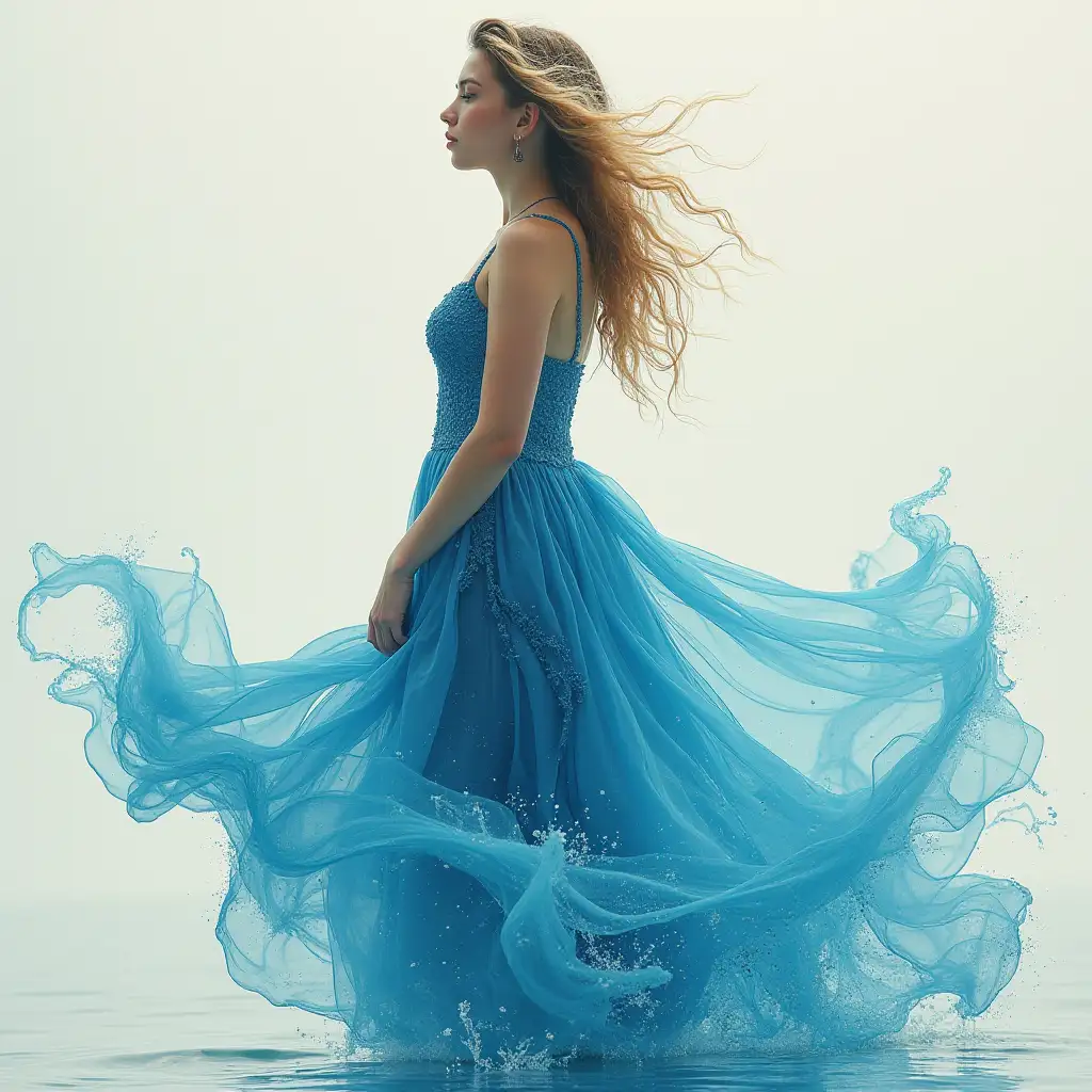 An abstract artwork, featuring a beautiful woman, Water in the form of a dress.