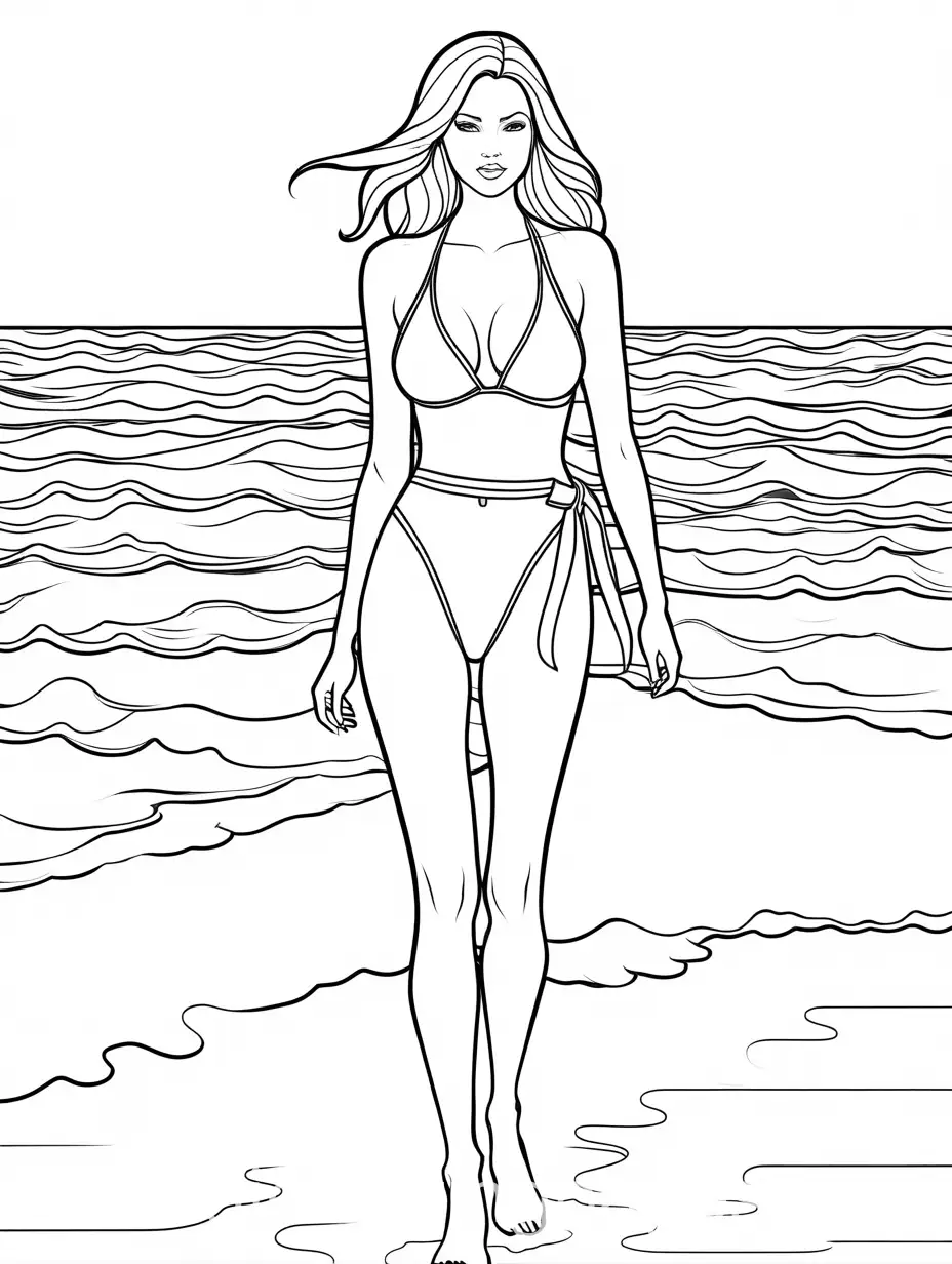 Serious-Woman-in-Swimsuit-Walking-on-Beach-Coloring-Page