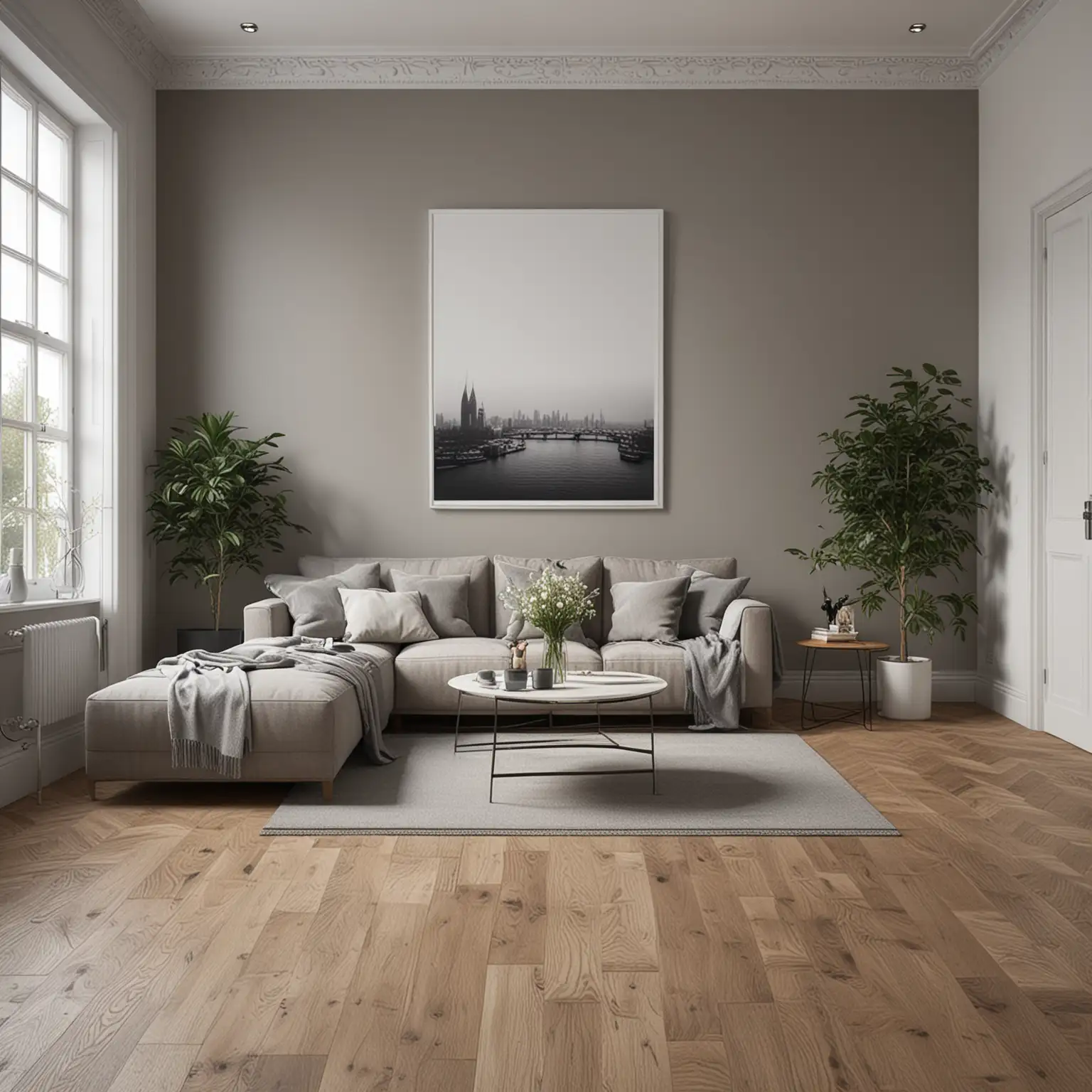 Create a photo realistic image of a contemporary living area in London. There is a blank canvass 90x90cm hanging on the wall.  The floor is dark oak parquet. The colour palette is grey and white.