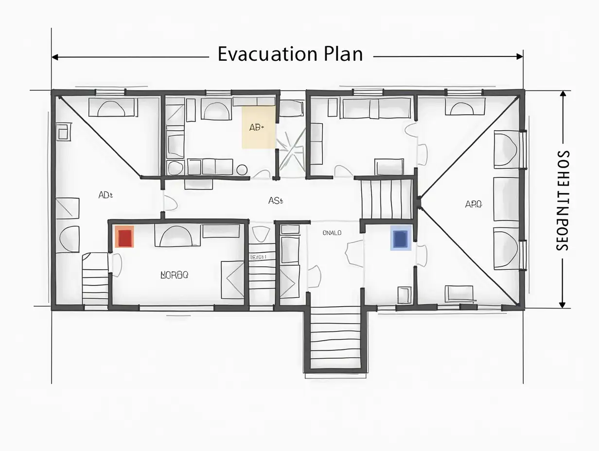 evacuation plan from office building, top view, scheme, arrows and directions, rooms and ladders