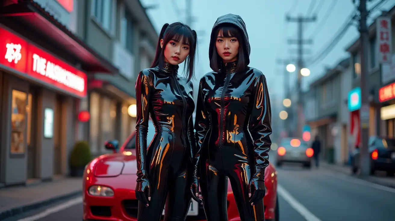 Two-Asian-Punk-Women-in-Shiny-PVC-Outfits-on-Japanese-Street-at-Dusk-with-Mazda-RX7