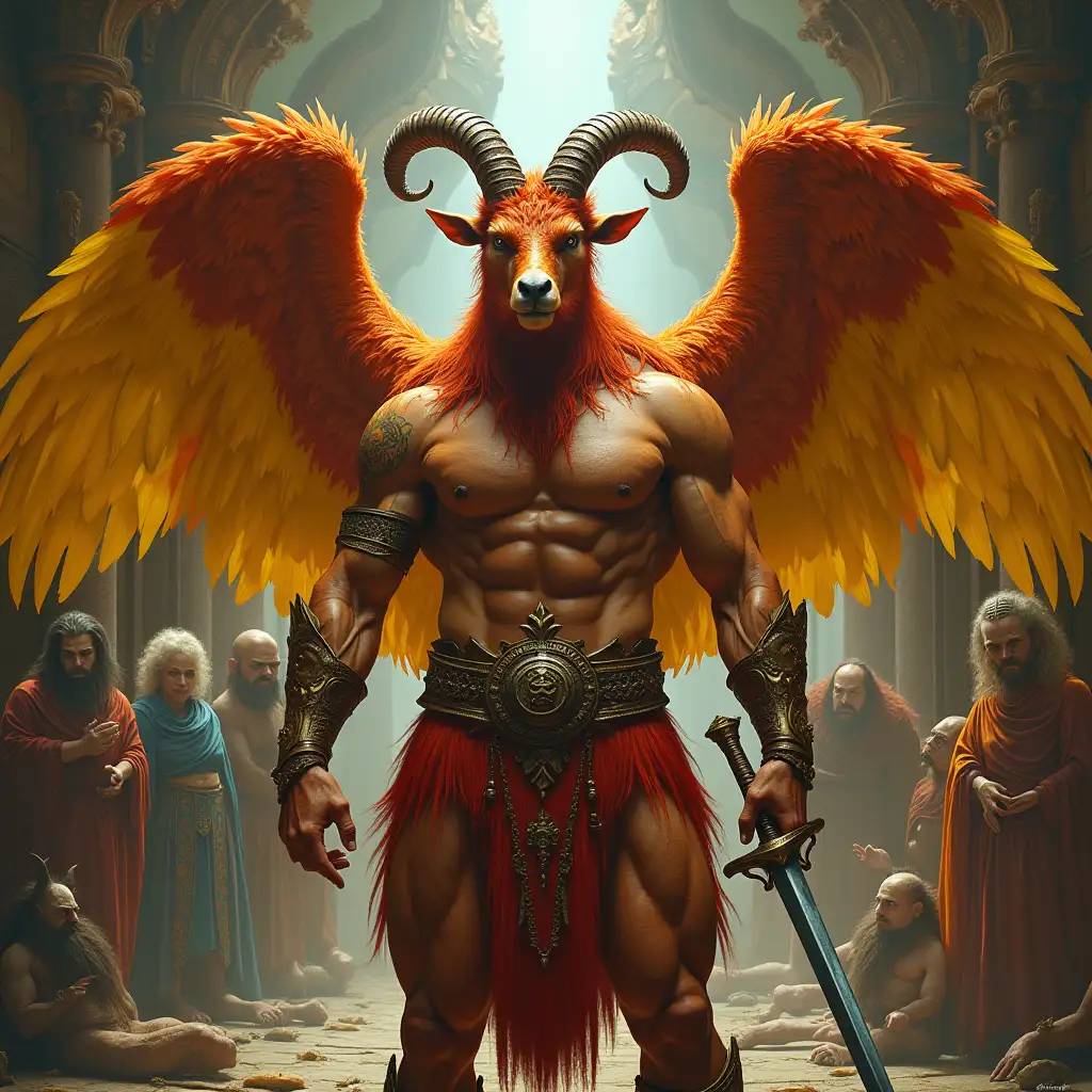 Ultradetailed hyperrealistic portrait of a bodybuilder with a goat head, full-body feathers red-yellow with a sword in a palace with various strange beings with intricately detailed, colorful