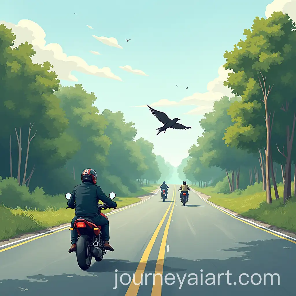 Motorbike-Rider-Swerving-to-Avoid-BirdMotorbike-Ride-AI-Prompt-on-Main-Road