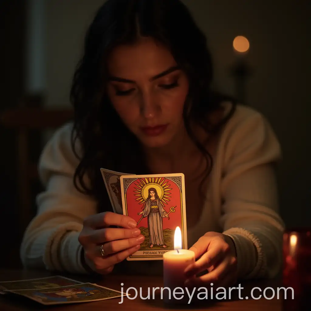 Tarot-Cards-in-the-Hands-of-a-DarkHaired-Woman-Surrounded-by-Candle-Smoke-and-Flame-Flashes