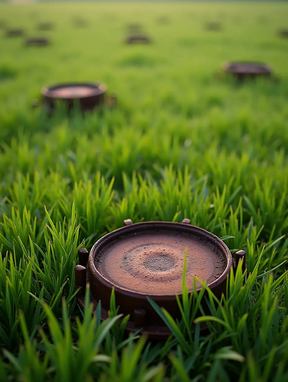 Rusty-Metal-Minefields-in-a-Green-Meadow-Under-a-Clear-Sky