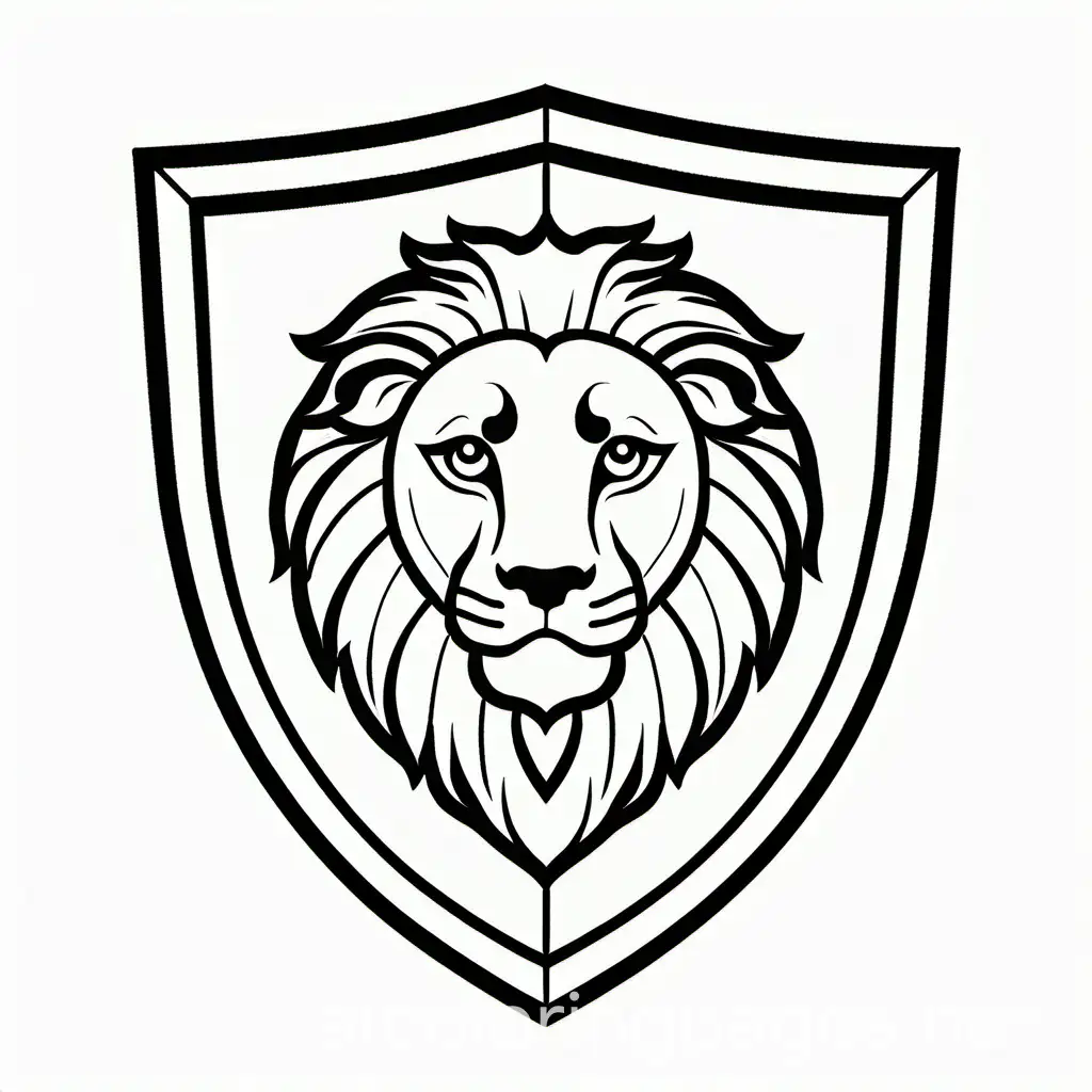 a shield with a lion, Coloring Page, black and white, line art, white background, Simplicity, Ample White Space. The background of the coloring page is plain white to make it easy for young children to color within the lines. The outlines of all the subjects are easy to distinguish, making it simple for kids to color without too much difficulty