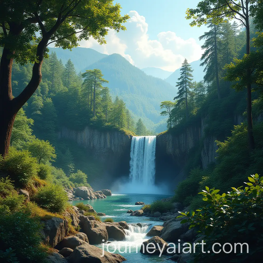 Serene-Forest-Waterfall-with-Mountain-View-and-Fruit-Trees