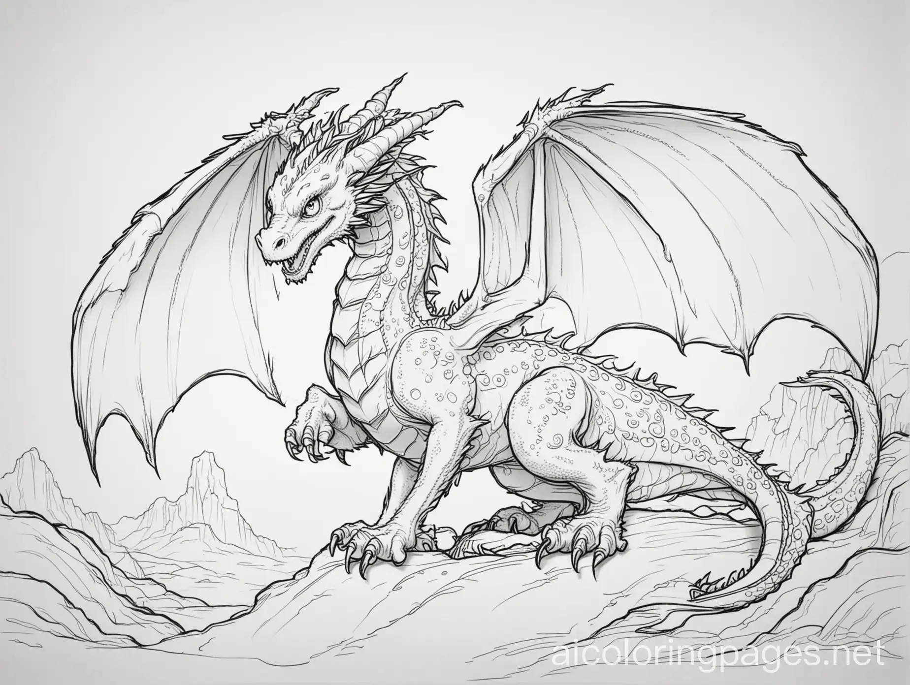 Dragon, Coloring Page, black and white, line art, white background, Simplicity, Ample White Space. The background of the coloring page is plain white to make it easy for young children to color within the lines. The outlines of all the subjects are easy to distinguish, making it simple for kids to color without too much difficulty