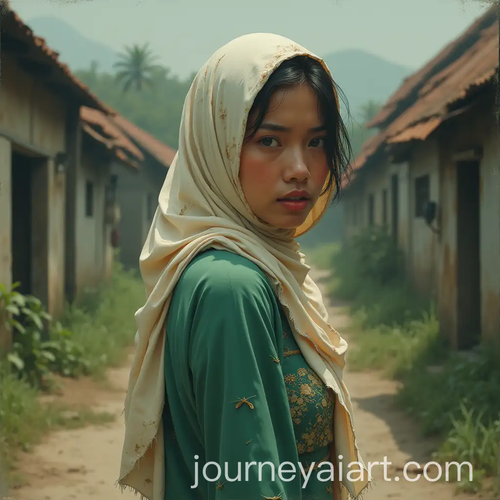 Malay-Woman-in-Faded-Green-Batik-Dress-Walking-Through-Abandoned-Village