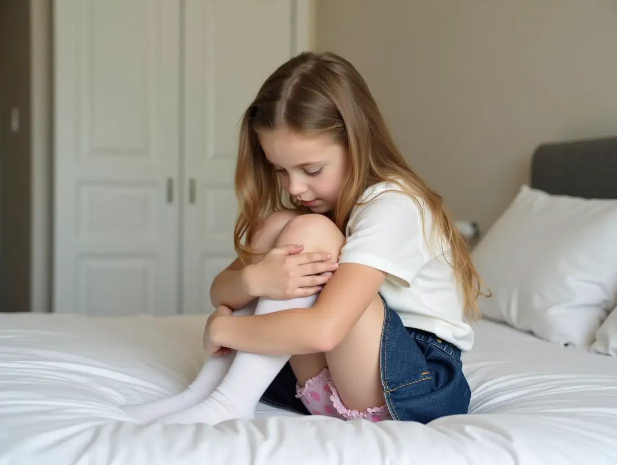 A girl of about 8 years old, long hair down to her back, wearing a dark blue denim miniskirt, polka dot pink underwear, white knee-high socks and a white blouse. She is sitting hugging her legs on a big bed, trying to be very sweet