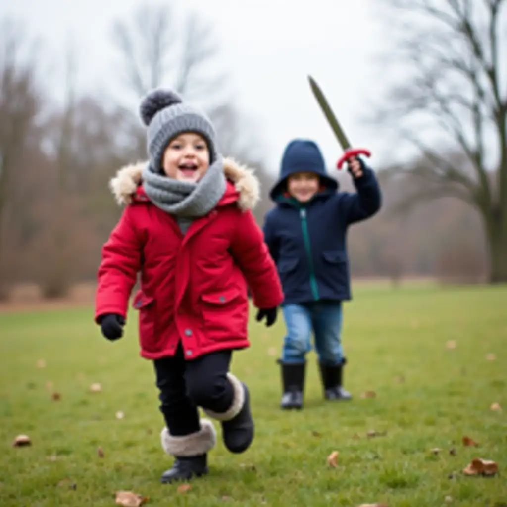 Children-Playing-Outdoors-in-Winter-with-Toy-Sword-and-Winter-Gear