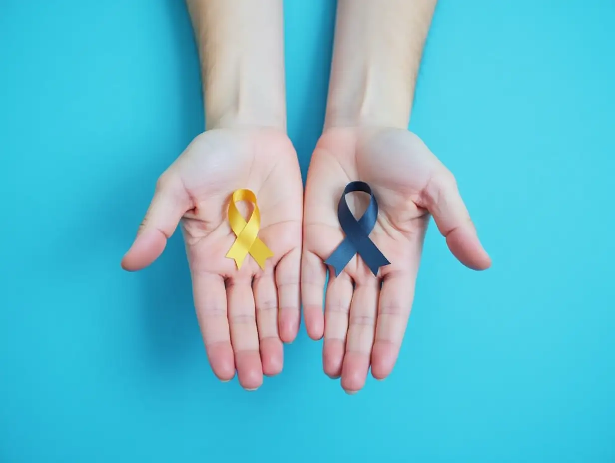 Hands-Holding-Multicolor-Ribbons-on-Blue-Background