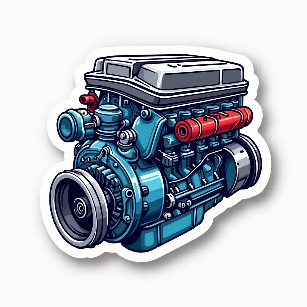 It is necessary to depict a sticker. Colors to be used: red blue blue white. What should be depicted: a realistic engine