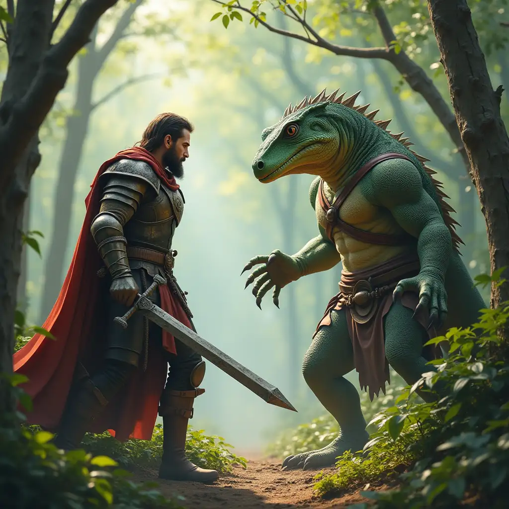 a human warrior in a medieval armor with a sword fighting against a giant anthropomorphic lizard warrior in a light leather armor in a forest