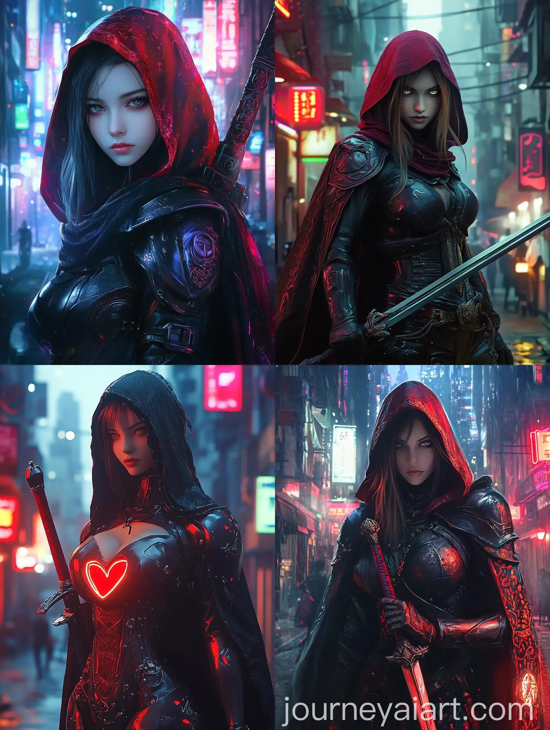 Futuristic-Anime-Warrior-Woman-in-Crimson-Hood-and-Armor-Amidst-Neon-Cityscape