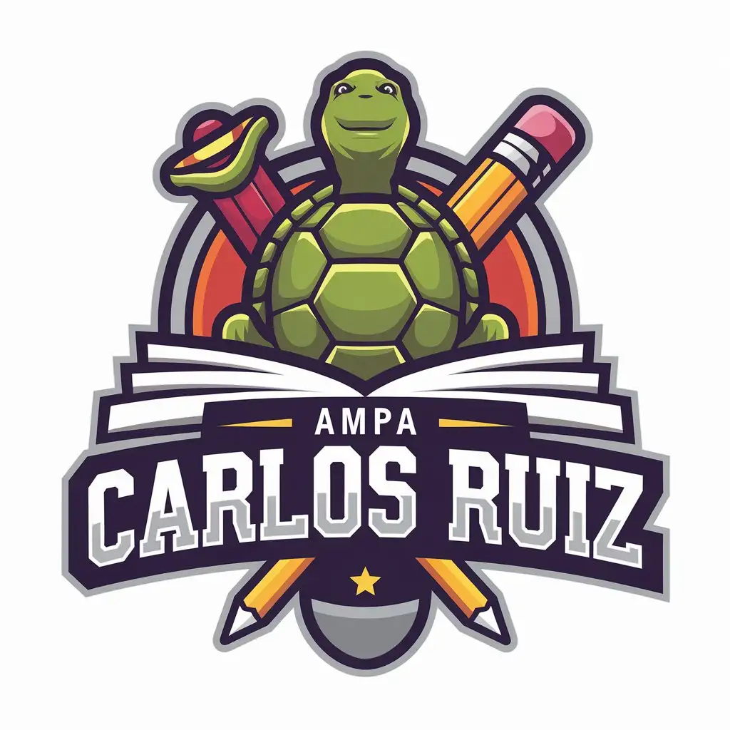 LOGO Design for AMPA Carlos Ruiz Vector Logo Featuring a Turtle Book and Pencil for Education