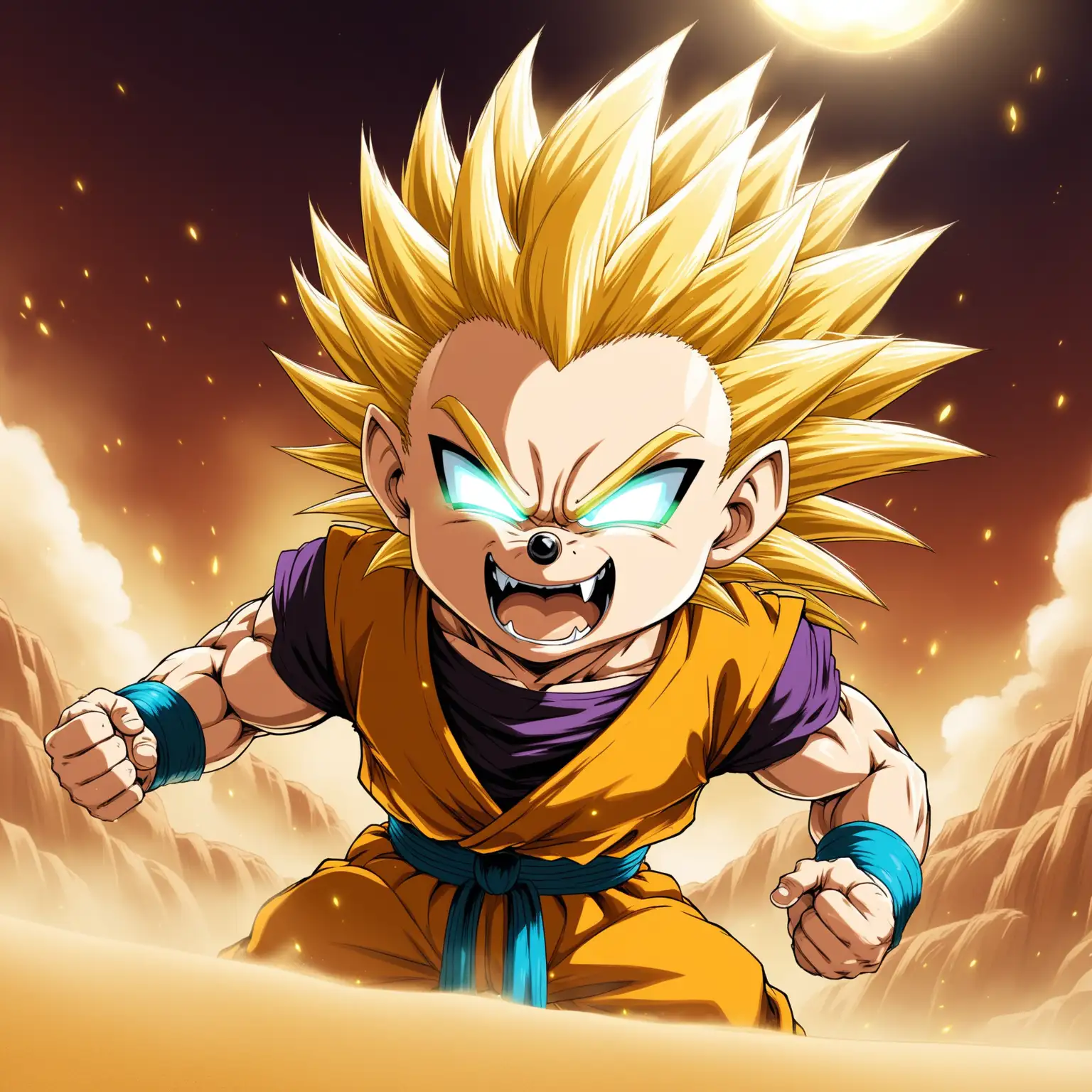 hedgehog, snout, animal, super saiyan gold hair, gotenks styled long hair, aura, dragon ball z, desert background, dust, sand, close up, glowing eyes, evil smile, fangs, standing with arms crossed, angled, looking down at viewer, powering up, side view