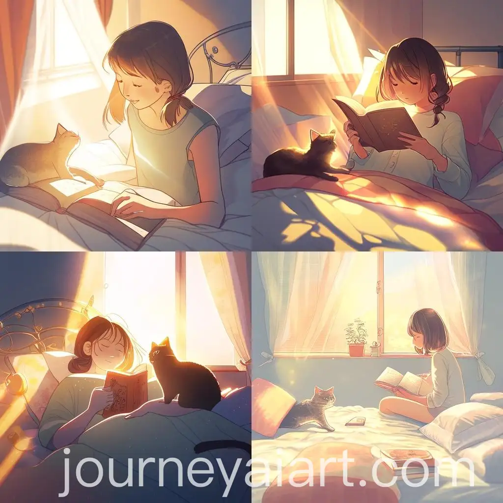 Girl-Reading-with-Cat-on-Sunny-Afternoon-Bed