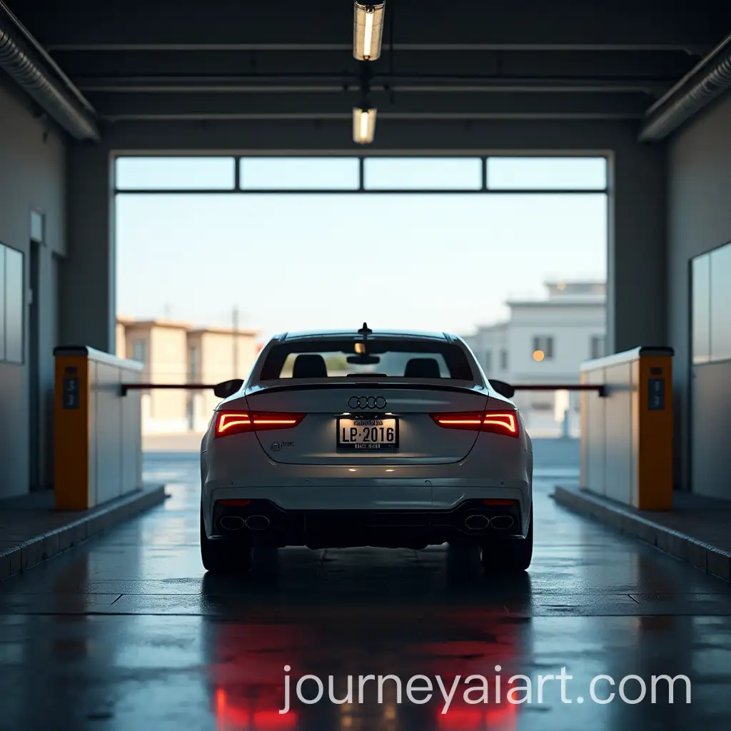 Car-Approaching-Barrier-Gate-Inside-Parking-Garage-with-Visible-License-Plate-and-Reflections