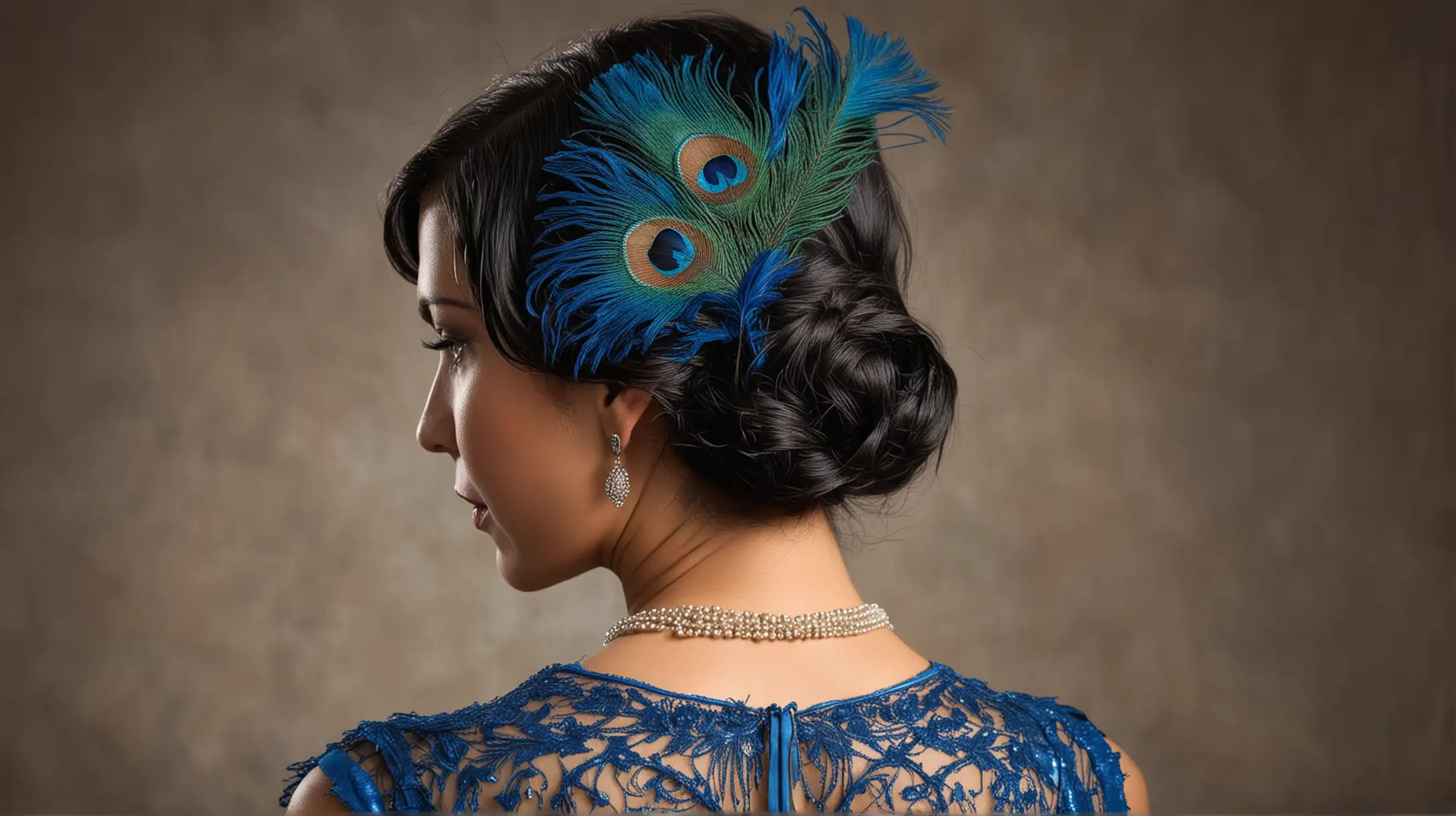 Latin Woman in 1920s Blue Dress with Peacock Feather