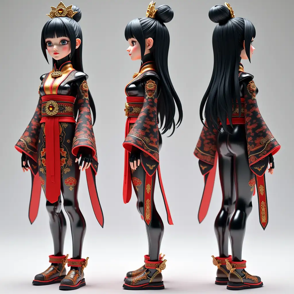 digital photo，ancient japanese dynasty Goddess，black hair, generate three views, firstly the front view, secondly the side view, thirdly the back view. full body shot, super cute girl IP ,pop mart,bauhaus,colorful,plastict ransparent,sophisticated mechanical parts,glowing body,collecting toys, mockup, blind box toy, fine luster, 3D render, OC render, clean background, soft lighting,best quality, 4k, ultra detoailed, crazy details --ar 16:9 --niji 5 --style expressive