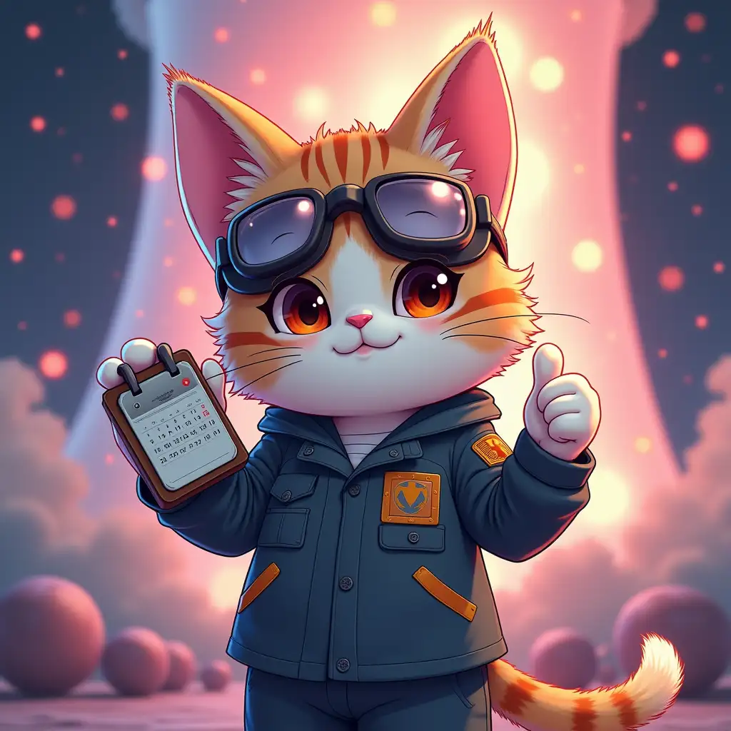 kawaii positive fluffy anime style light multicolor cat in an engineer uniform and wearing goggles, he shows right hand a thumbs-up gesture and he holds the calendar in his other hand, in the background a futuristic nuclear reactor in a coronary glow, a magical warm soft glow, paint like a sticker in anime style