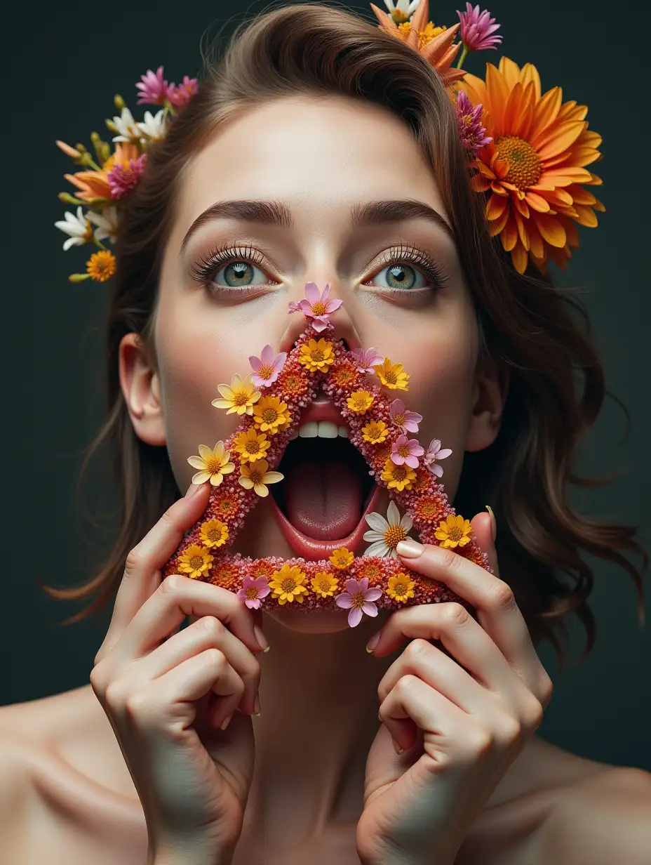 Trompe-l'œil, a woman holding a Sierpinski triangle made out of flowers, flowers in mouth, exaggerated expression, raytracing, hyperrealistic oil painting, candycore, overexposed, hard flash, illusion, deception, escher, fool the eve --ar 85:128 --v 5.2