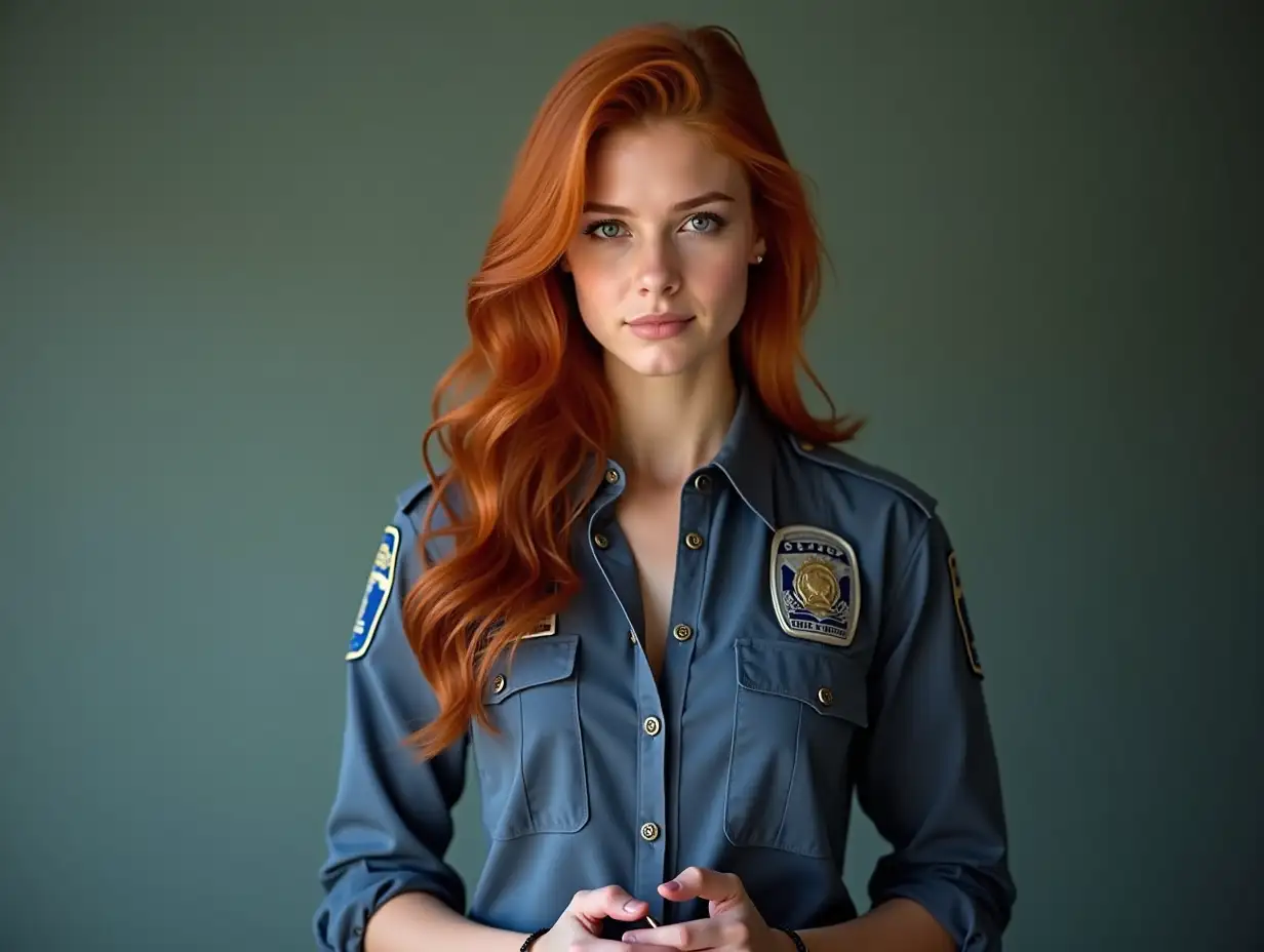 Female-Police-Officer-in-Official-Uniform-with-Handcuffs-and-Venetian-Red-Hair