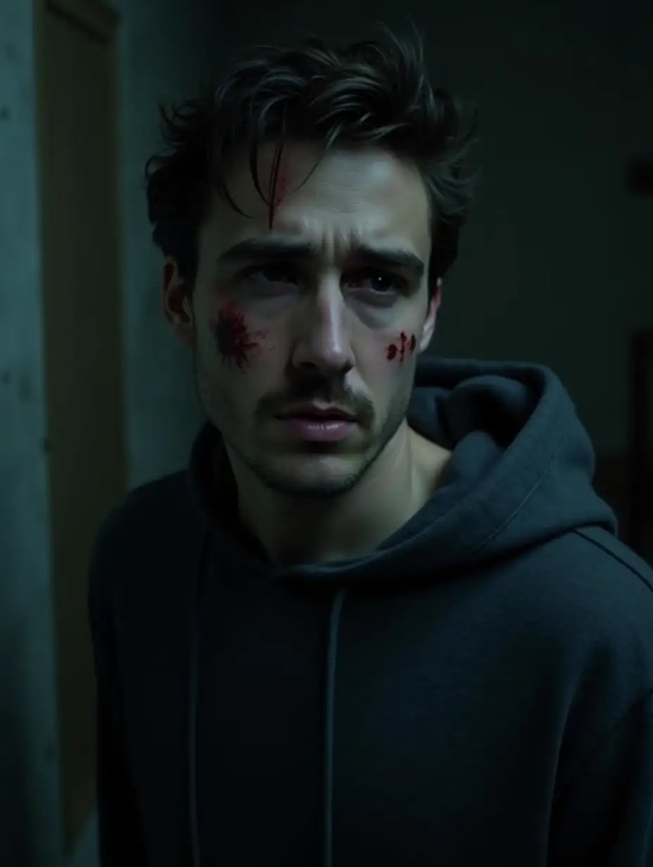 Kyle Gallner, He's positioned slightly to the left of center in the frame, facing directly at the viewer. His expression is serious and troubled, tinged with distress. Visible bloodstains cover parts of his face and the collar of his dark gray/black hooded jacket. He has a short, trimmed mustache. His body posture is relaxed, but suggests a level of weariness. The setting appears to be a dimly lit, interior space, possibly an abandoned or industrial building. The background is out-of-focus, muted tones of gray and dark brown, suggesting a gritty atmosphere. The lighting is dramatic, with a cool-toned light source casting soft shadows that enhance the depth of the image. The overall composition and perspective are intimate, focusing on the man's facial expression and the stark contrast of the bloodstains against his skin. The style is gritty realism, and the atmosphere is tense and suspenseful.