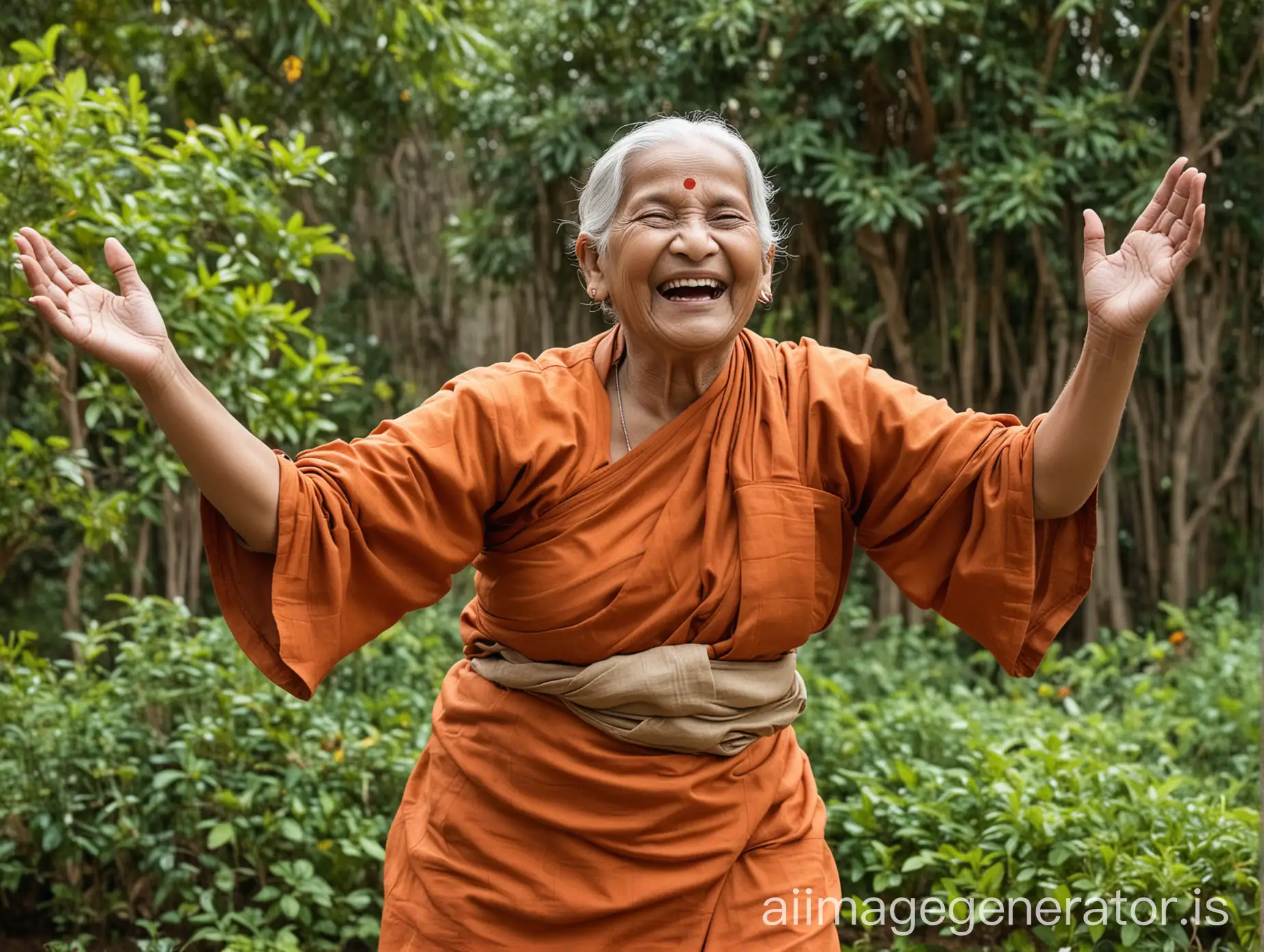 Joyful-Indian-Elderly-Monk-Woman-Celebrating-in-Garden