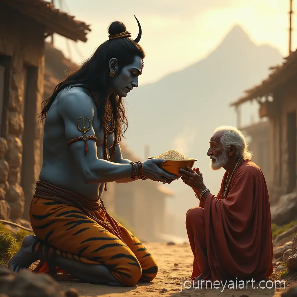 Lord-Shiva-Offering-Rice-to-DevAI-Image-Prompt-Expansionotee-in-Humble-Village-with-Mount-Kailash-in-Background